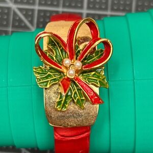 KESSARIS Gold Tone Christmas Holly Bow Quartz Watch Red Cuff Band